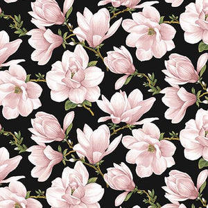 This 100% cotton fabric features beautiful coral/pink magnolias splashed on a black background.  Great for use in applique, quilt or craft projects.
