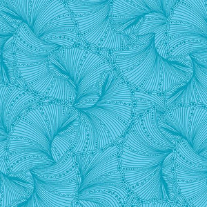 This fabric features tonal turquoise fans