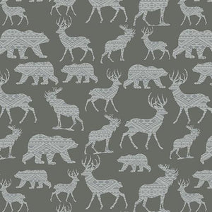 This 100% cotton fabric features silhouettes of wildlife like bears, deer, moose in light gray on a medium gray background.  
