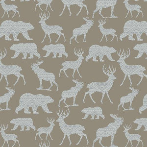 This 100% cotton fabric features silhouettes of wildlife like bears, deer, moose in light gray on a medium gray background to give you that "modern lodge" feel.  
