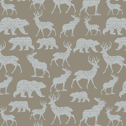 This 100% cotton fabric features silhouettes of wildlife like bears, deer, moose in light gray on a medium gray background to give you that "modern lodge" feel.  
