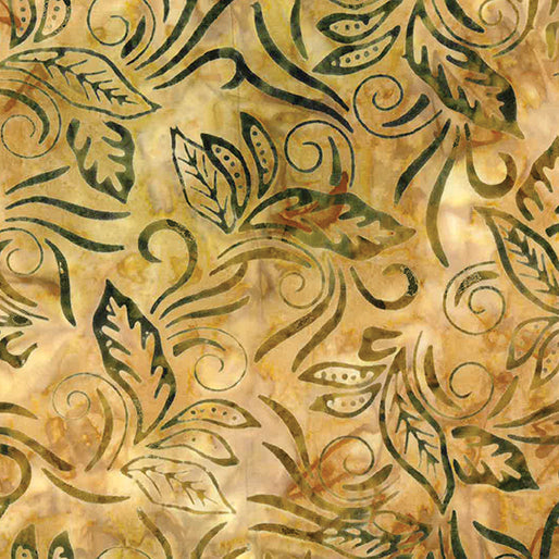 This Bali batik fabric features moss-colored banana leaves on a natural tan background Cotton Fabric