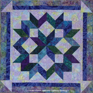 Capenter Wheel Star quilt  in blues & purples on a light blue background with a dark blue border available at Colorado Creations Quilting