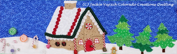 Sugar & Spice quilt pattern row shows gingerbread house and evergreen trees available at CCQ