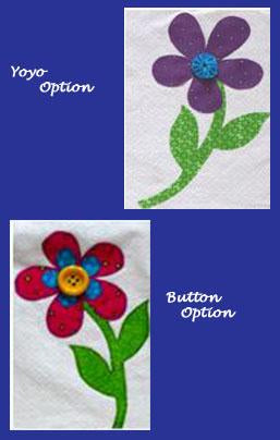 Flower Power Quilt: Shows flower center options either yoyo or button available at Colorado Creations Quilting