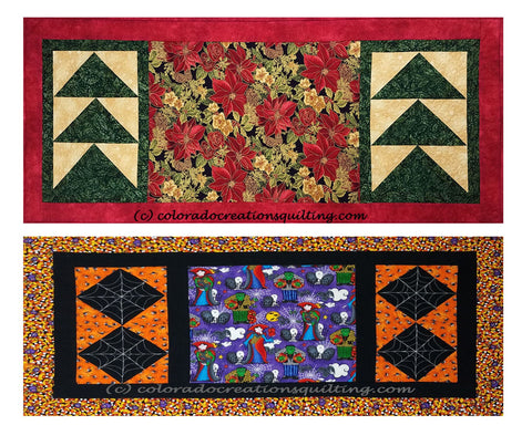 Change of Seasons quilt table runners: 1st has red pointsettias with pieced trees and 2nd has Halloween fabric with spiderwebs