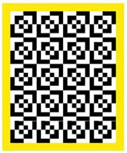 Exploding Blocks #1 quilt pattern done in two colors (black and white) with a yellow border available at Colroado Creations Quilting