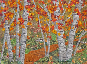 This landscape quilt shows deer hiding among the autumn colored birch/aspen trees near a winding path.  Quilt pattern and kit  available at Colorado Creations Quilting