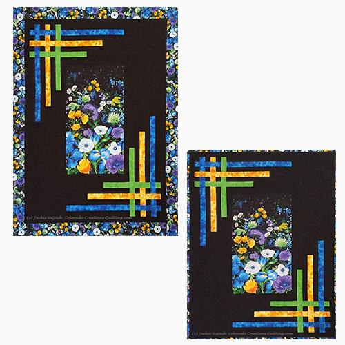 Quilt center of blue, green, and purple flowers on a background of black with yellow, blue and green strips woven in the borders.  Pattern available at Colorado Creations Quilting
