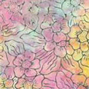 Multi-pastel flowers in pink, yellow, orange and blue batik cotton fabric. Available at Colorado Creations Quilting
