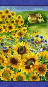 Cotton fabric panel by Clothworks features a field of sunflowers with a few wildflowers and butterflies and a quaint house in the background added for there sure sweet appeal! 