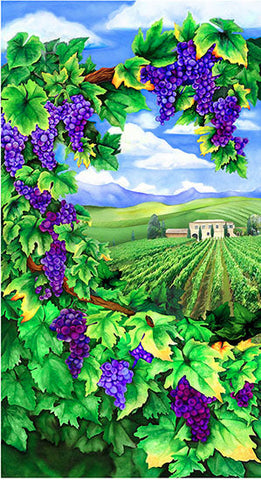 This fabric quilt panel features a Tuscan vineyard complete with rows of vines and a villa peaking through grapes. 
