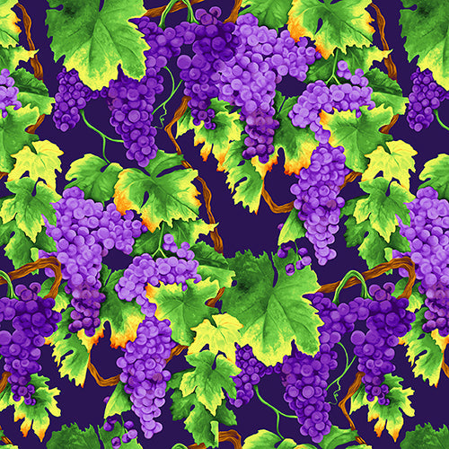 This cotton fabric features large purple clusters of grapes and green leaves.  Available at Colorado Creations Quilting