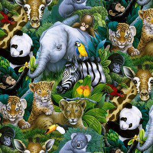 This cotton fabric features baby jungle wildlife like elephants, monkeys, pandas, toucans, zebras, tigers, giraffes and many more. 