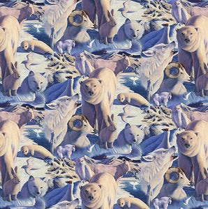This cotton fabric features wildlife from the artic area such as polar bears, seals, Dahl sheep, and more. 