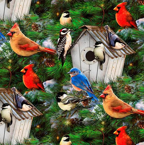 This versatile cotton fabric features bird houses with a variety of realistic wild birds like cardinals and bluebirds surrounded by beautiful pine branches
