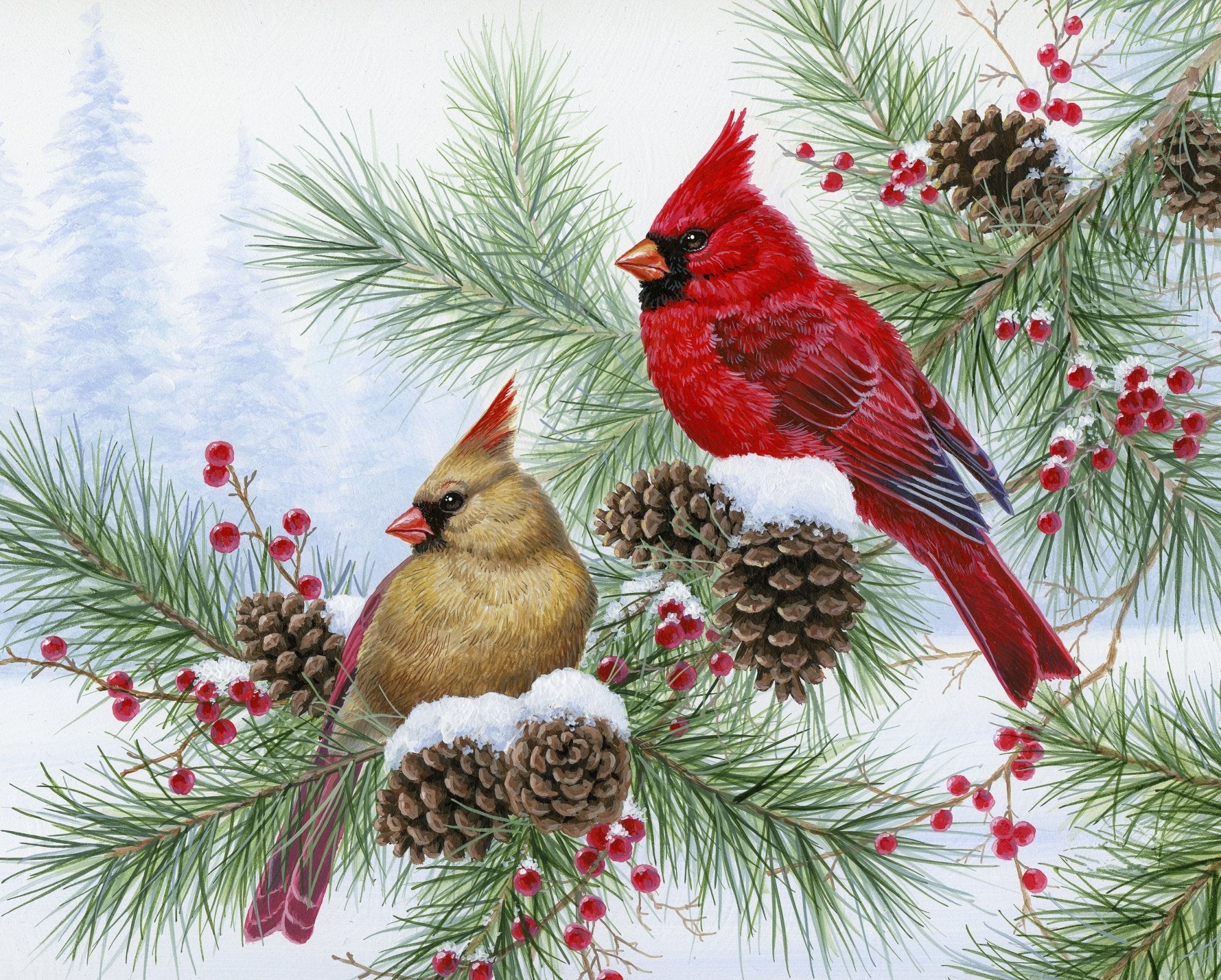 This fabric panel features a magnificent pair of cardinals perched on snow-ladened evergreen branches with pinecones and red berries