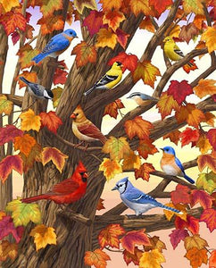This panel features a maple tree in all it's autumn splendor A myriad of birds such as a cardinal, a blue jay, and a goldfinch, to name a few, take shelter in it's branches. Available at Colorado Creations Quilting