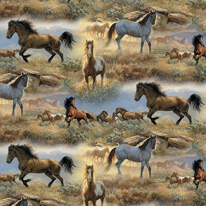 This cotton fabric features wild horses galloping over the prairie.  Available at Colorado Creations Quilting