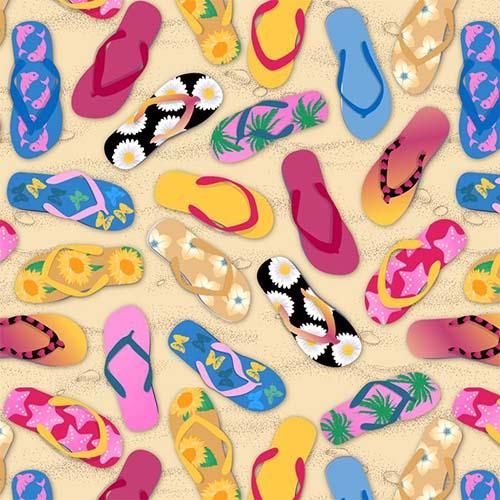 This cotton fabric features brightly-colored flip flops on tan.  Available at Colorado Creations Quilting