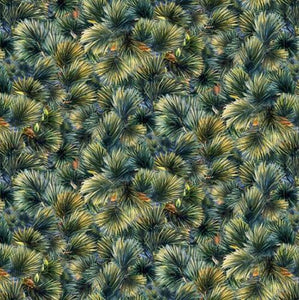 Detailed pine needles in various greens are featured in this 100% cotton fabric.