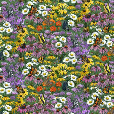This cotton fabric features wildflowers like daises, coneflowers, Black-eyed  Susans and Monarch butterflies in a green field.  Available at Colorado Creations Quilting