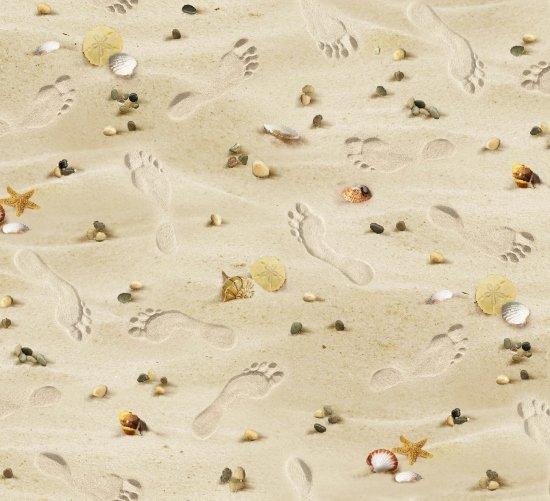 
This cotton fabric features footprints in the sand. Available at Colorado Creations Quilting