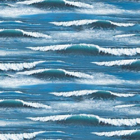 Images of breaking waves in the ocean. Cotton fabric available at Colorado Creations Quilting.