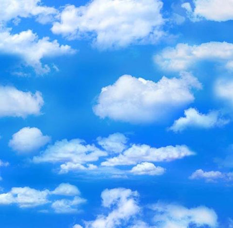 Deep blue sky with large white clouds cotton fabric for quilting and craft projects.