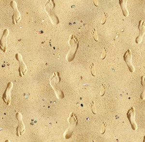 This cotton fabric features footprints in the sand. Available at Colorado Creations Quilting