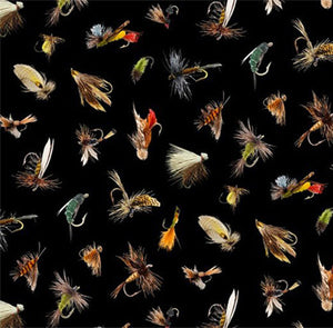 This cotton fabric features fly hooks on black available at Colorado Creations Quilting.
