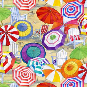 This fabric conjures up a day at the beach with these brightly colored umbrellas. 