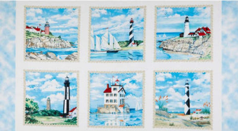 Cotton fabric panel has 6 squares that are approximately 10" square and feature various lighthouses in traditional black and white or red and white with the surrounding area which they serve.