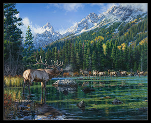 This fabric panel features elk in a calm lake with evergreens and snow-capped mountains in the background.