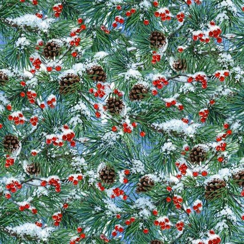 This lovely forest green conifer cotton fabric print features snow covered branches with pinecones and red berry accents. 