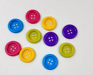 display of 10 buttons in blue, yellow, purple, pink and lime green
