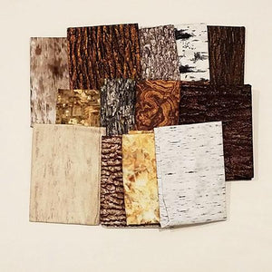 This fat quarter bundle has a selection of 6 or 10 bark and wood-grain cotton fabrics in browns and tans