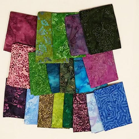 This bundle of fat quarters comes in an assortment of textured batiks in the cool colors of blue, purple and green. 