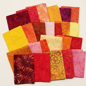 This bundle of fat quarters comes in an assortment of textured batiks in the warm colors of red, orange and yellow. 