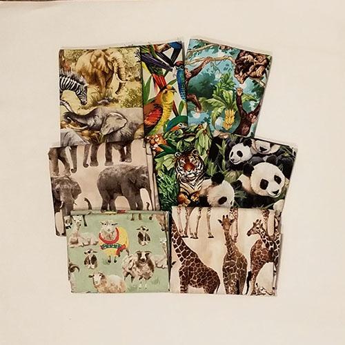 This cotton fat quarter bundle has a selection of exotic animals you wouldn’t normally see in North America like giraffes, elephants, tigers, monkeys and sloths!