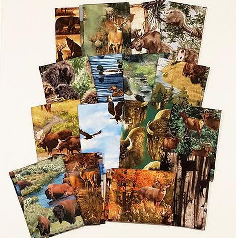 This cotton fat quarter bundle has an assortment of fish, fly rods, fish hooks, reel, fishing gear and waders images.