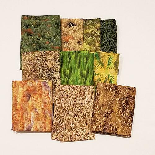 This fat quarter bundle has a selection of grass cotton fabrics from bright greens to golden wheat.