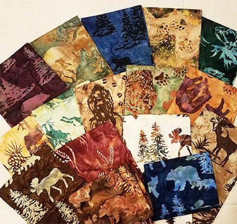 This batik cotton fat quarter bundle has an assortment of wildlife that you'd find in the forest like elk, deer, moose, bears and ducks in their natural habitat.