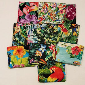 This fat quarter bundle has a selection of tropical-variety flower cotton fabrics like hibiscus, plumeria, orchids,  Bird of Paradise