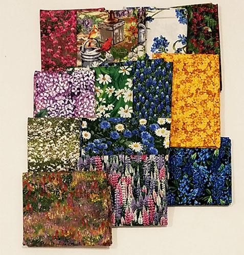 This fat quarter bundle has a selection of wildflower cotton fabrics like lupine, bluebonnet, daisy cornflowers and paintbrush 