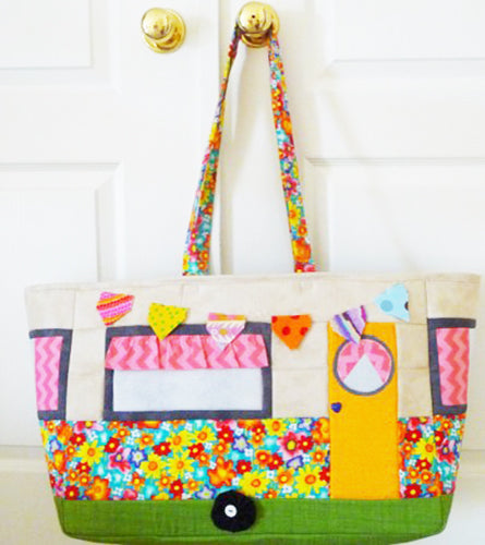 3-d sewing machine tote bag with bright curtains, door and button embellishments