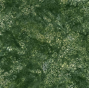 This batik fabric features small daisies on a dark olive green background. Available at Colorado Creations Quilting