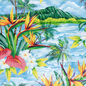 This cotton fabric features tropical flowers like Bird of Paradise, red Anthuriume and Plumeria. Available at Colorado Creations Quilting