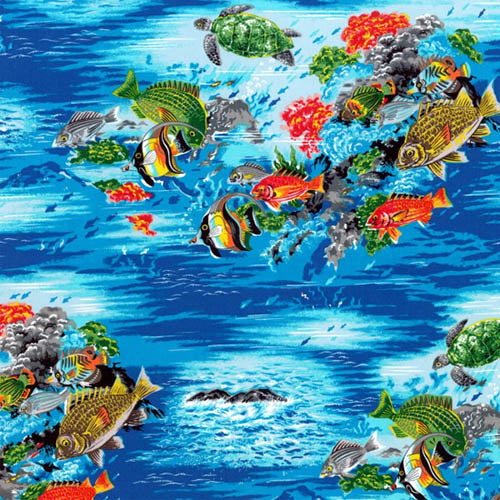 This cotton fabric features tropical fish and sea turtles on a blue background. Available at Colorado Creations Quilting