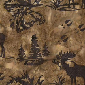 Moose and evergreen trees on a brown background